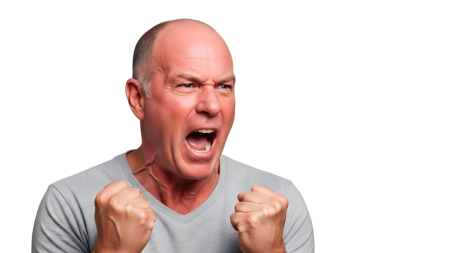 Angry man shouting with fists clenched isolated on transparent background isolated background