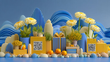A blue and yellow cityscape with a large bouquet of flowers and a QR code. The flowers are yellow and blue, and the cityscape is filled with boxes and potted plants. Scene is cheerful and inviting