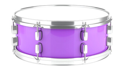 A vibrant purple snare drum, its smooth surface and metallic hardware, against a plain white background.