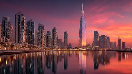 Radiant tower with a shimmering spire, standing out against the golden hues of evening city light