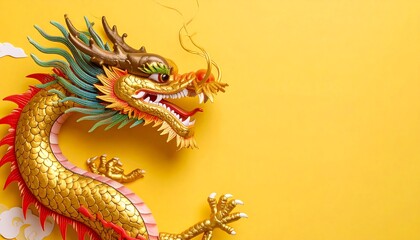 Obraz premium A golden dragon figurine with vibrant colors and detailed scales is displayed against a vibrant yellow backdrop.