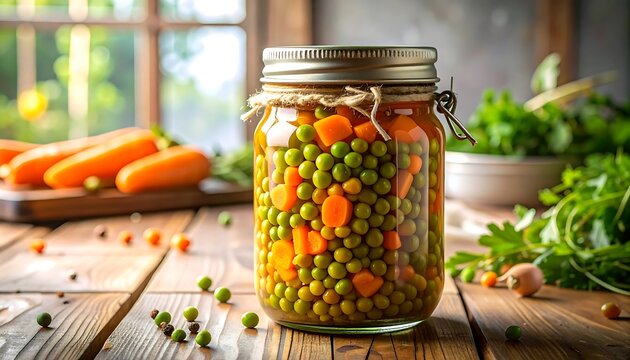 Preserved peas and carrots in a glass jar, showcased on a rustic wooden table, with fresh vegetables in the background.