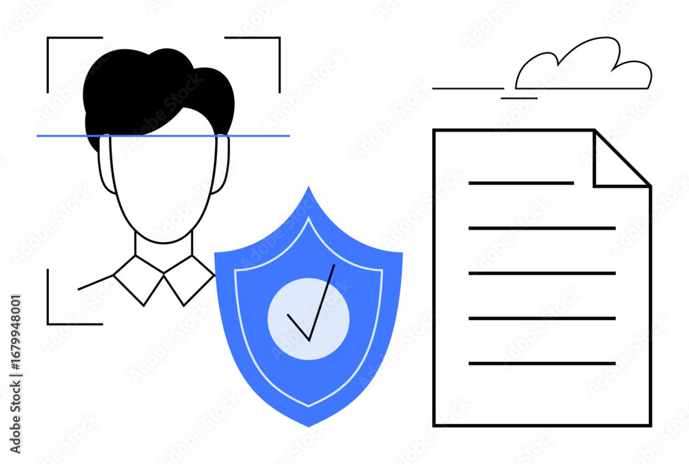 Poster head silhouette with facial scanning lines, shield with checkmark for security, and document icon wi