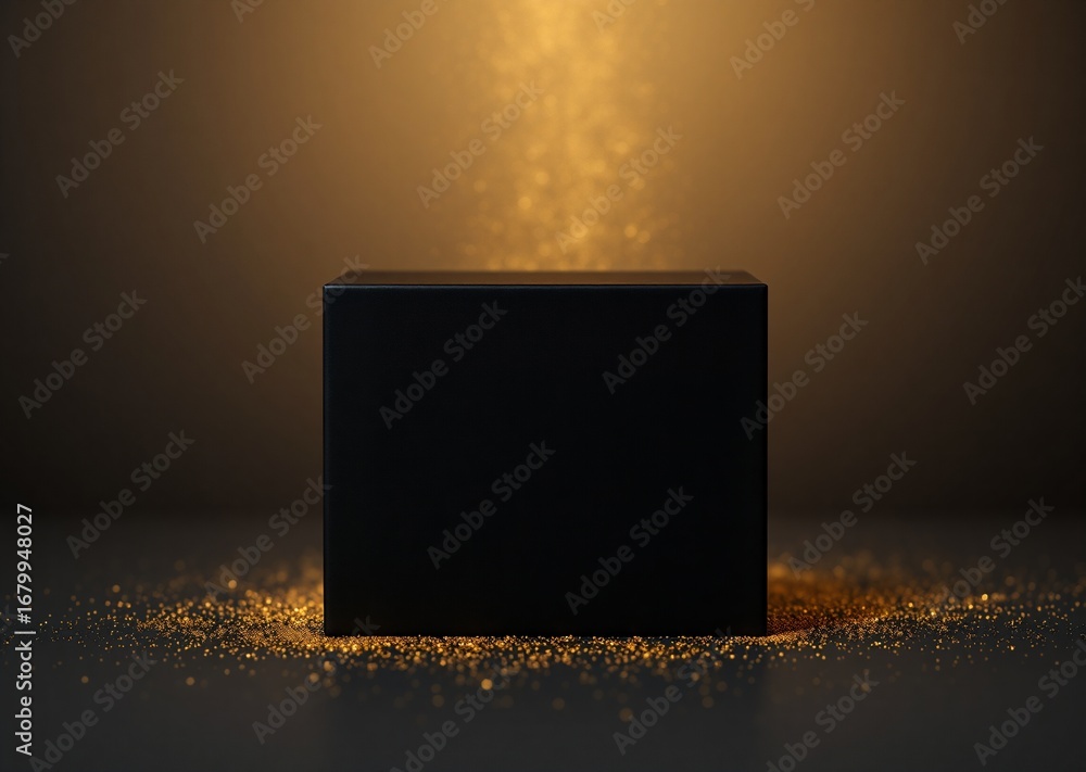 Poster a sleek black cube stands under a shower of shimmering golden particles, creating an elegant and mys