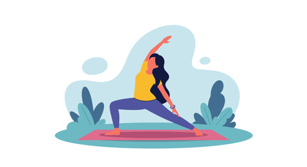 Woman practicing a yoga pose outdoors on a mat, demonstrating flexibility and balance. Represents a healthy lifestyle, wellness, and fitness.
