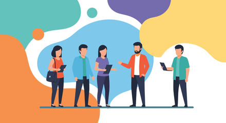 Group of colleagues meeting and discussing ideas in a dynamic, colorful environment. Represents teamwork, business communication, and professional synergy.