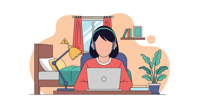 Person with headphones working on laptop at home. Illustrates remote work, online learning, or digital lifestyle, ideal for business and education concepts.