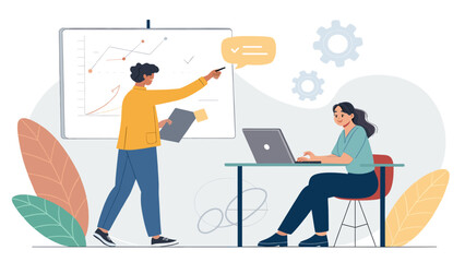 Two professionals in a modern office, one presenting data on a whiteboard while the other works on a laptop. Ideal for business, education, and team collaboration concepts.