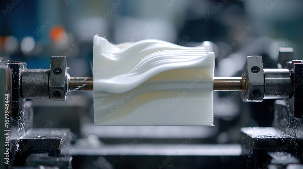 Poster closeup of a biopolymer component being molded with ecofriendly manufacturing process main object in