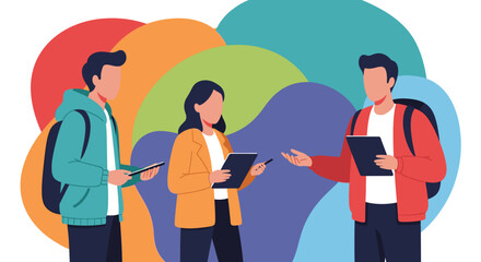 Three people collaborate and communicate using digital tablets and phones. Ideal for modern learning, teamwork, business, or lifestyle concepts.