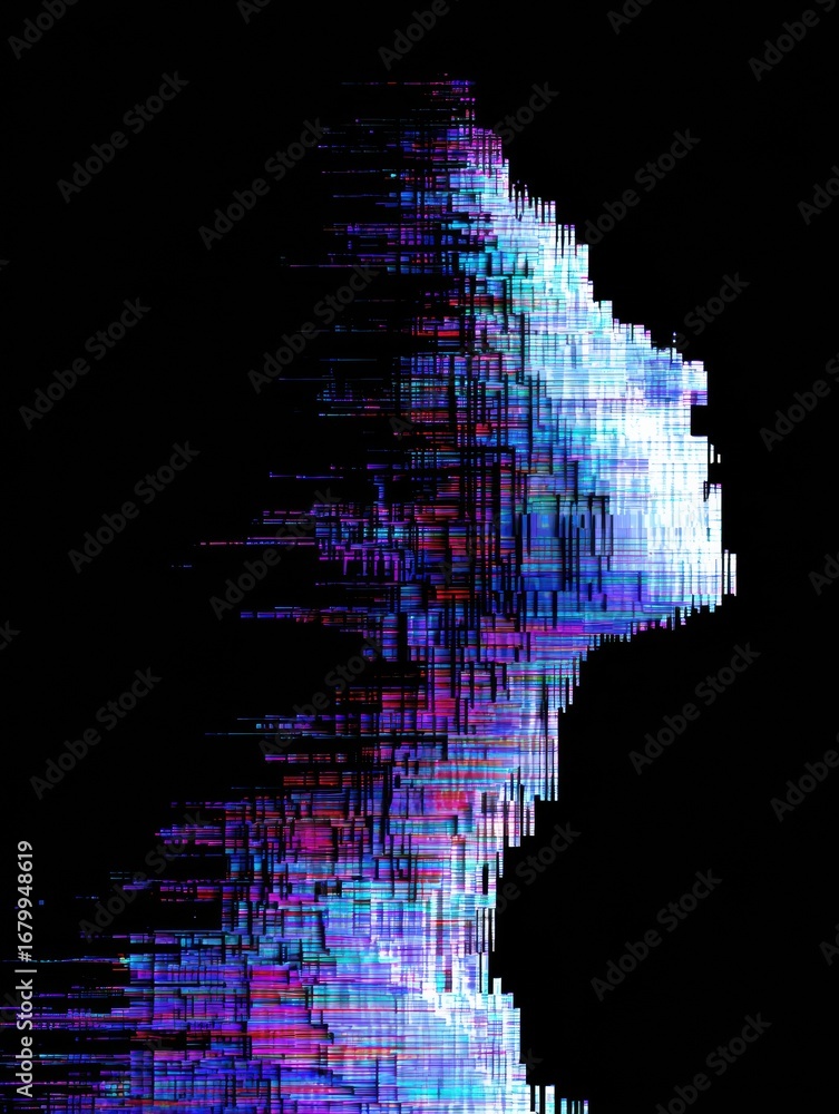 Poster digital artwork displaying an abstract profile of a figure with vibrant colors and distorted lines