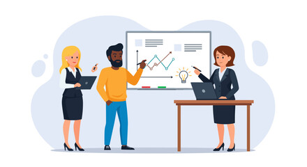 Diverse business team collaborates on strategy and data analysis during a professional meeting. Ideal for concepts of teamwork, innovation, and growth.