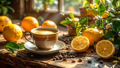 A cup of coffee with frothy crema, surrounded by vibrant yellow lemons and fresh citrus leaves, sits on a rustic wooden table, bathed in warm sunlight.