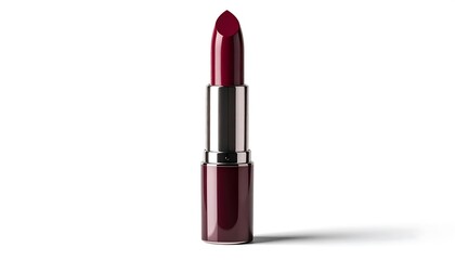 Obraz premium A glossy maroon lipstick tube stands tall against a plain white background, showcasing a rich deep crimson hue.