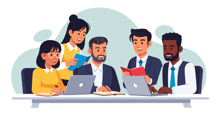 Diverse business team collaborating in a professional meeting, discussing ideas and working together. Concept of teamwork, education, and corporate partnership.