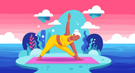 An older woman practices yoga outdoors, demonstrating balance and vitality. Ideal for themes of wellness, active senior lifestyle, and mindfulness.