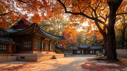 Fototapeta premium Autumn foliage illuminates a traditional Korean temple complex.