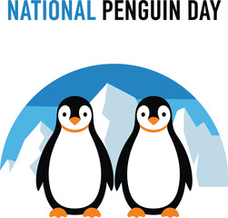 Obraz premium National Penguin Day greeting card, cute penguin couple in Antarctic landscape, flat vector illustration for winter wildlife awareness