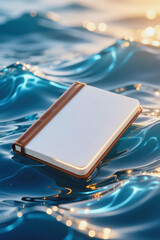 A brown leather-bound notebook floats on the surface of a body of water under sunlight.