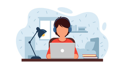 Focused person with headphones using a laptop at a desk, ideal for concepts of remote work, online education, study, and productivity in a modern home office setting.