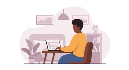 Young Black man working from home on a laptop in a comfortable, modern room. Ideal for remote work, online education, or digital lifestyle concepts.