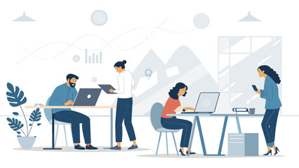 Diverse team of professionals working efficiently in a modern office, utilizing laptops, tablets, and smartphones for business growth and communication.