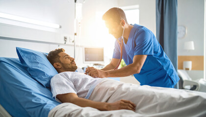 Obraz premium Male nurse hospital patient healthcare medical care recovery support professional bed compassion trust sunlight room smiling stethoscope examination comfort wellness treatment hope positive