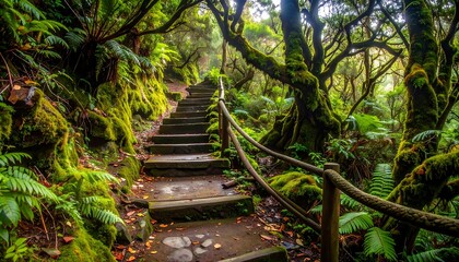 Lush mossy forest stairs wind through a verdant, sun-dappled pathway, surrounded by ancient trees draped in vibrant green moss.