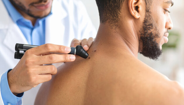 Dermatologist examining mole on man back with dermatoscope, checking for skin cancer or abnormality, close up, healthcare and prevention concept - Powered by Adobe