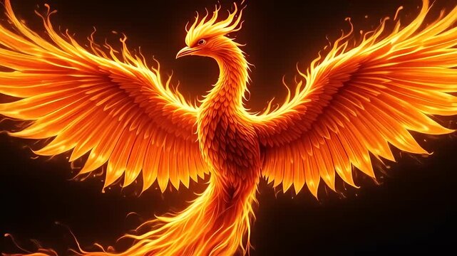Majestic Fiery Phoenix Bird with Wings Spread Wide on Black	