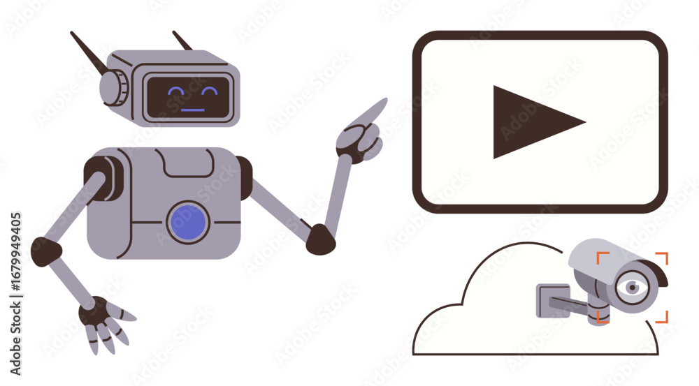 Aufkleber friendly robot pointing at a play button next to a cloud-shaped outline with a surveillance camera. 