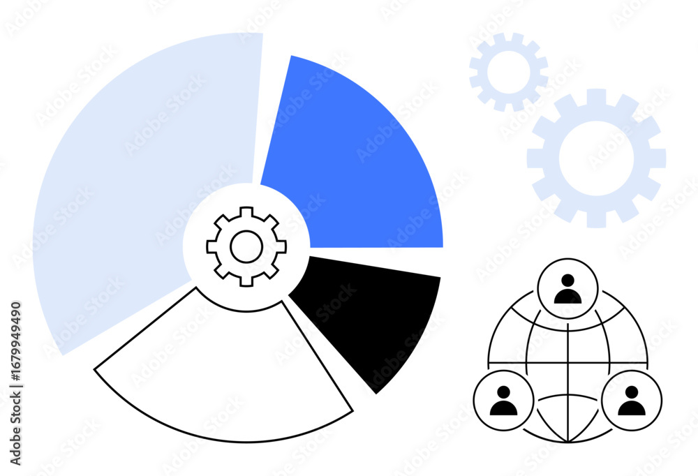 Poster circular pie chart with gear at center, globe with user icons, cogwheels in background. ideal for te