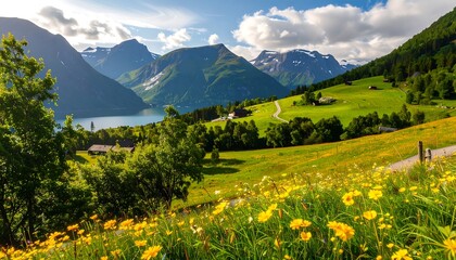 A breathtaking landscape showcasing a vibrant valley nestled amongst towering mountains, with a serene lake reflecting the sky and meadows of wildflowers in full bloom.