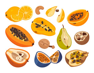 Assorted fruits, cut open revealing their seeds, against a dark background