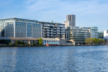 Grand Canal Dock in Dublin with Modern Buildings and Blue Sky