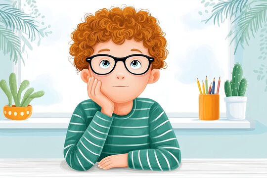 Cute curly red-haired boy in glasses wearing striped green sweater sitting at desk and thinking, with houseplants and pencils on windowsill in bright interior
