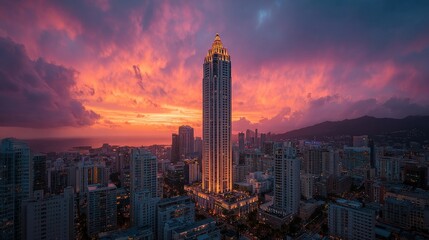 Obraz premium Skyscraper with a polished crown shining above a sea of rooftops, silhouetted against a fading sky