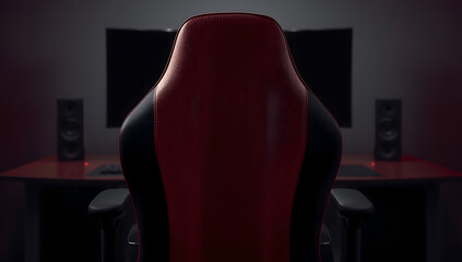 A gaming chair faces a desk with a monitor and speakers in a dimly lit room.