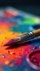 Fototapeta premium Close-up of a paintbrush resting on a painter's palette, bristles still wet with vibrant paint Ready for the next stroke of artistic genius , details, canvas
