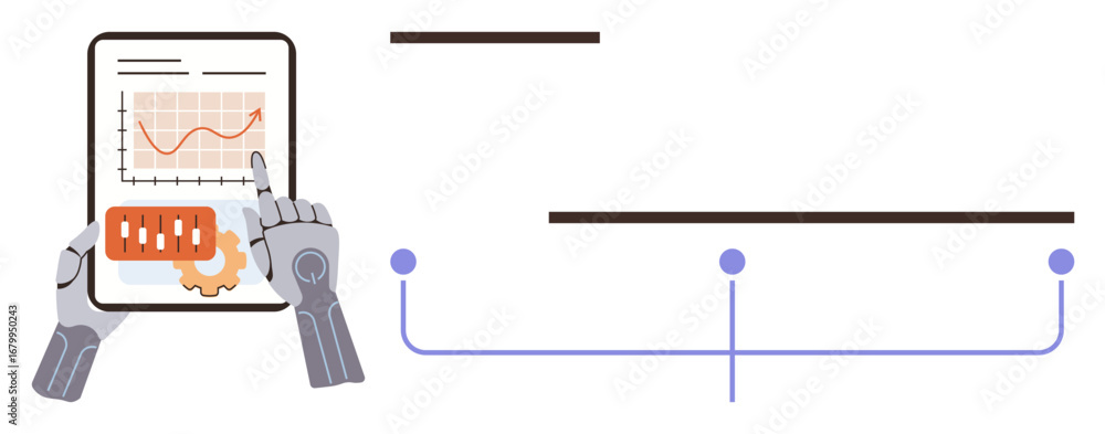 Aufkleber robotic hands interacting with a tablet displaying a graph and gear symbol alongside a horizontal ti