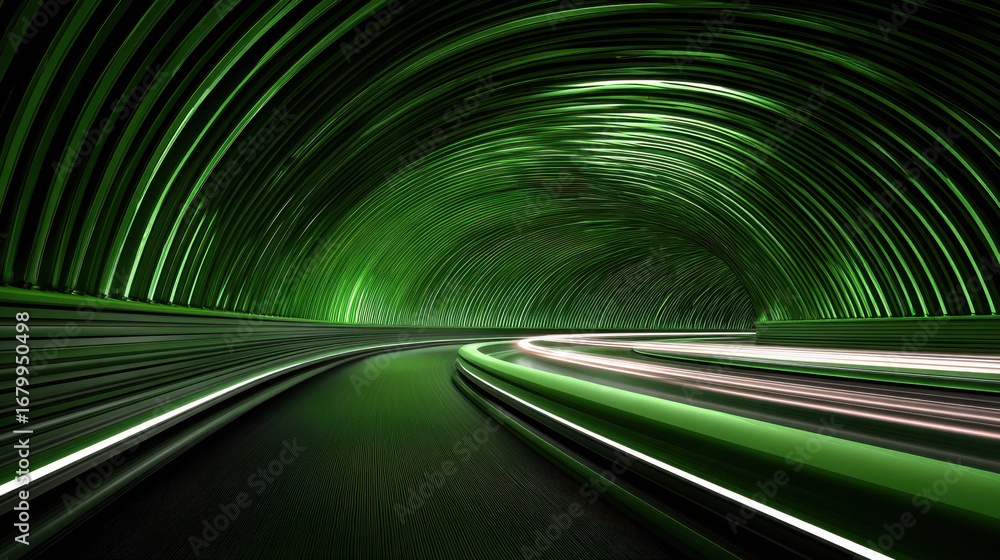 Poster futuristic tunnel with vibrant green lighting creates dynamic and immersive atmosphere. smooth curve