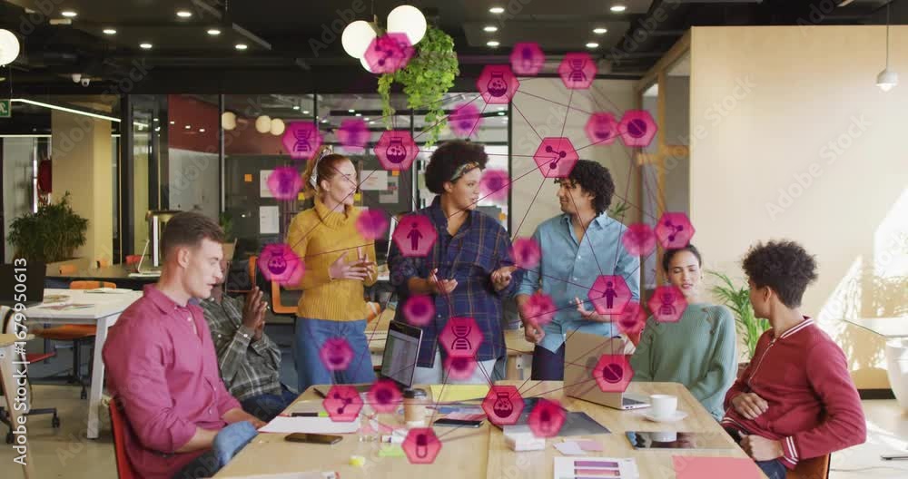 Poster business team gathering around table analyzing charts, sticky notes after network overlay appearing