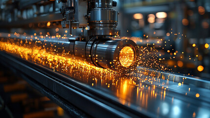 Industrial Metalworking: Robotic Arm Machining Metal Rod with Sparks