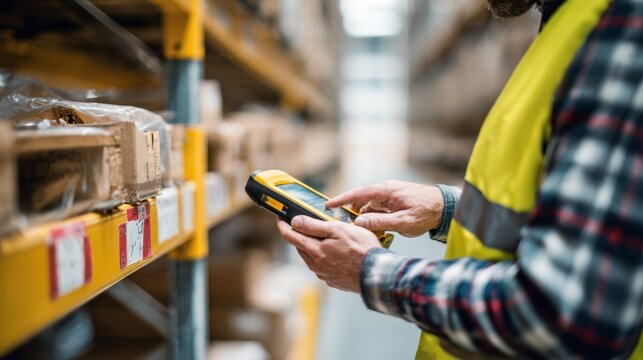 Medium shot of an inventory worker scanning wireless RFID tags on warehouse stock highlighting smart asset tracking with blurred background for emphasis.