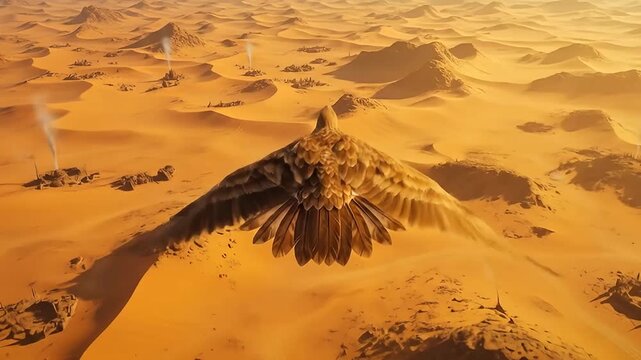 Eagle in High Altitude Flying Over the Endless Desert	