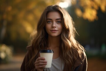 A beautiful girl with long hair walks in an autumn park with a cup of hot coffee
