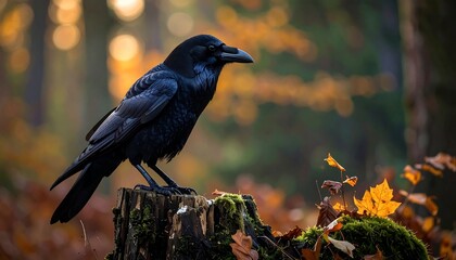 A magnificent raven perches serenely on a mossy tree stump, bathed in the golden hues of autumn.