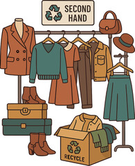A large selection of vintage and trendy garments in a thrift shop, intended for recycling or resale to protect the environment