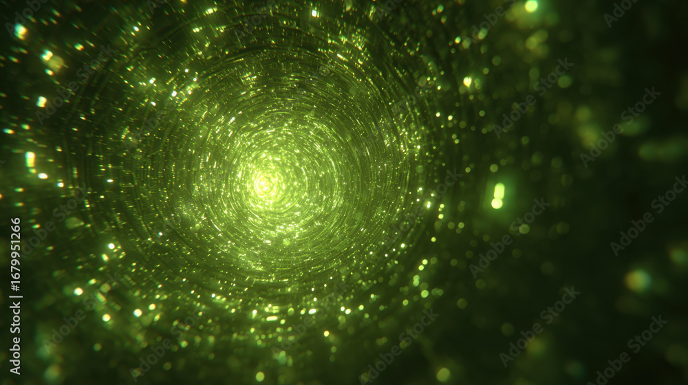 Poster mesmerizing green tunnel filled with sparkling particles creates sense of depth and wonder. swirling