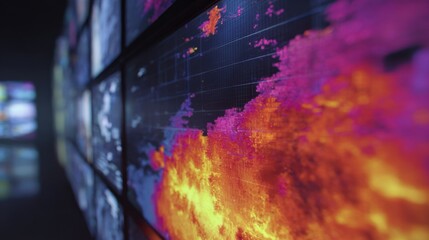 Close medium shot featuring a bright interactive heatmap wall charting viewer engagement for fresh streaming releases with crisp visualization of top zones and a blurred ambient